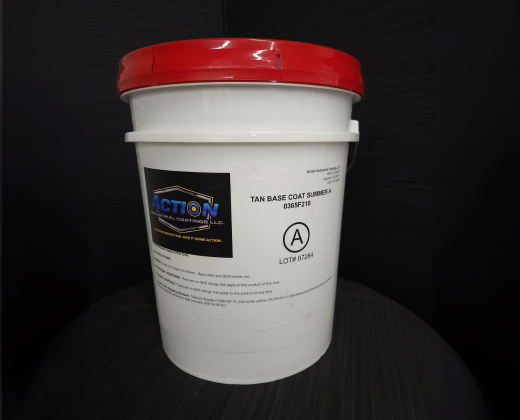 Base Coat A Tan polyurea floor coating in 5-gallon pail, providing a durable, adhesive base layer for professional flooring systems.