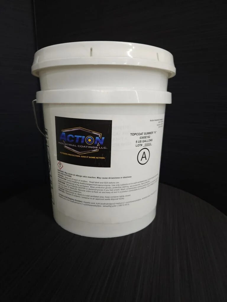 Top Coat A polyaspartic floor topcoat Part A in 5-gallon pail, engineered for abrasion resistance, chemical protection, and UV stability.