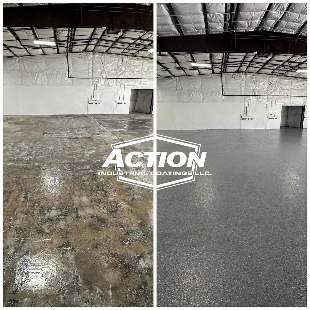 Before and after comparison of an industrial concrete floor with a professionally installed epoxy coating, showing surface preparation and finished epoxy system by Action Industrial Coatings